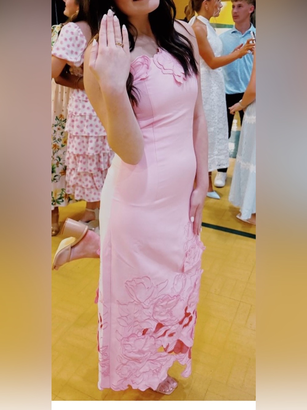 Pink Floral Appliqué Strapless Midi Dress